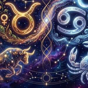 Glowing gold Taurus glyph with the Venus symbol beside a silver Cancer glyph and crescent moon, above a starry bull and a crab