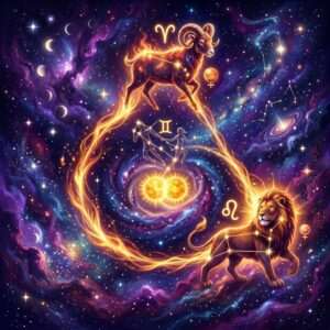 A fiery ram and a glowing lion joined by a loop of flame around two suns and the Gemini twins, with Venus symbols, for Venus in Aries and Venus in Leo compatibility