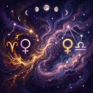 The Aries and Libra glyphs, each beside a Venus symbol, on either side of a swirl of fire and violet mist under moon phases, for Venus in Aries and Venus in Libra compatibility