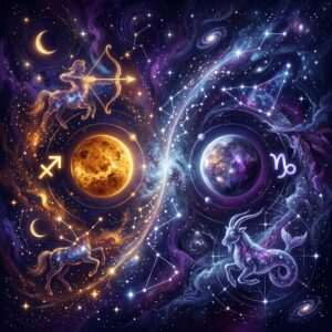 Two glowing planets in a starry sky, a gold one beside the Sagittarius archer and glyph, a violet one beside the Capricorn sea-goat and glyph.