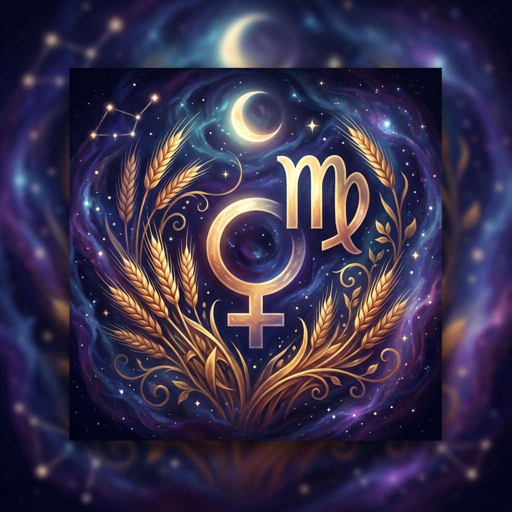 Venus in Virgo in fall, shown with the Venus and Virgo glyphs on a violet star chart