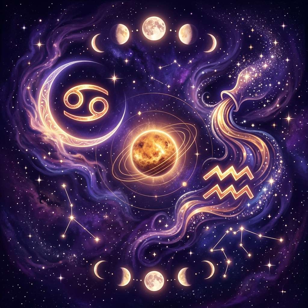 Cancer glyph inside a crescent Moon, a golden ringed planet at the center, and the Aquarius glyph beside a jar pouring stars, framed by two rows of Moon phases on a violet sky