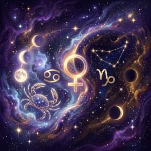 Cancer crab and Cancer glyph beside a row of Moon phases, the gold Venus symbol at the center, and the Capricorn glyph under its constellation, on a violet starry sky