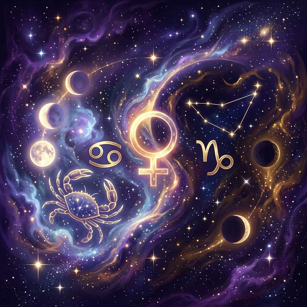 Cancer crab and Cancer glyph beside a row of Moon phases, the gold Venus symbol at the center, and the Capricorn glyph under its constellation, on a violet starry sky