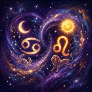 Gold glyphs for Cancer and Leo under a crescent Moon and a blazing Sun, with a crab and a lion among violet clouds and stars