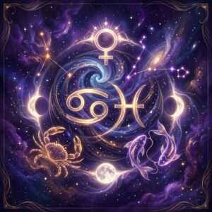 Golden Cancer and Pisces glyphs under a Venus symbol, with a crab, two fish and Moon phases on a violet starry background