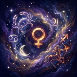 Cancer crab and Cancer glyph beside a crescent Moon, the gold Venus symbol at the center, and the Sagittarius archer with its arrow glyph and the Jupiter glyph, on a violet starry sky