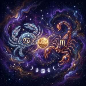 A crab with the Cancer glyph and a scorpion with the Scorpio glyph, joined by the golden symbol of Venus above a row of moon phases