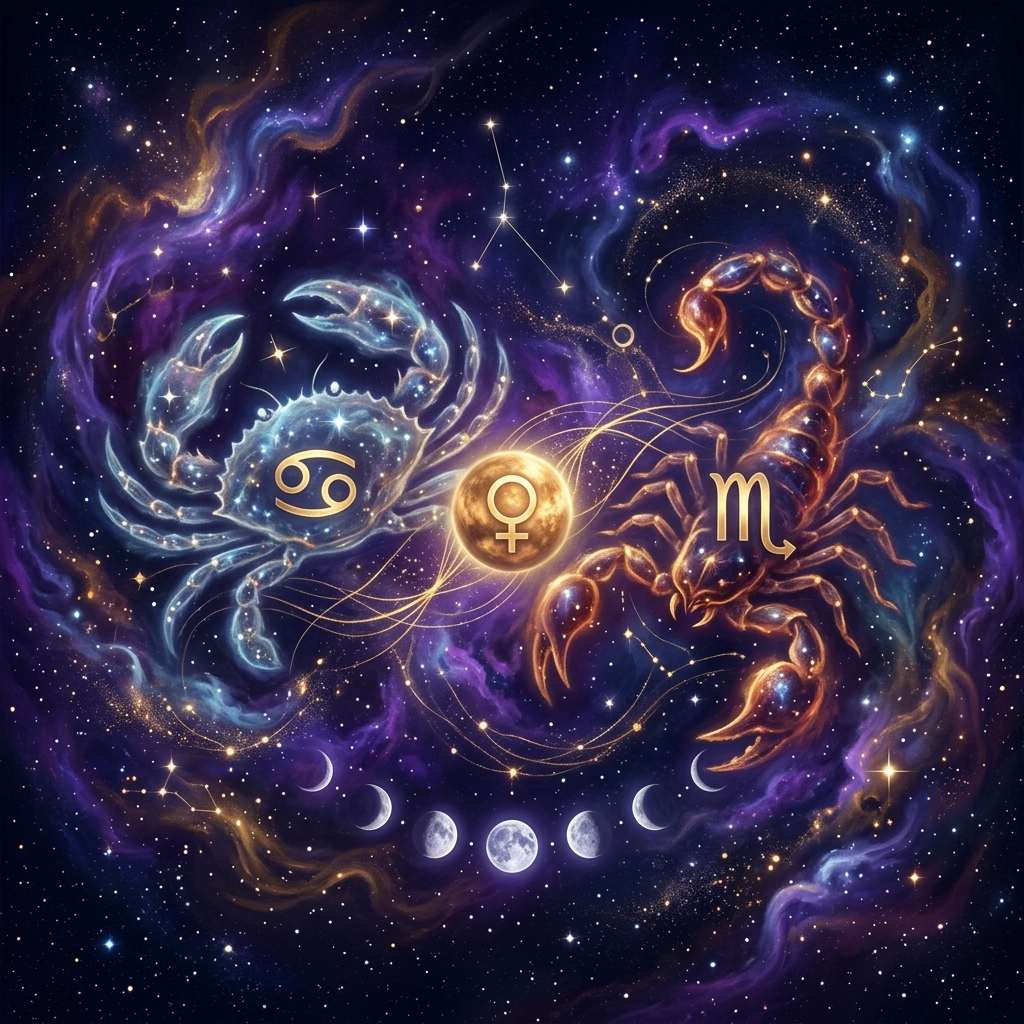 A crab with the Cancer glyph and a scorpion with the Scorpio glyph, joined by the golden symbol of Venus above a row of moon phases
