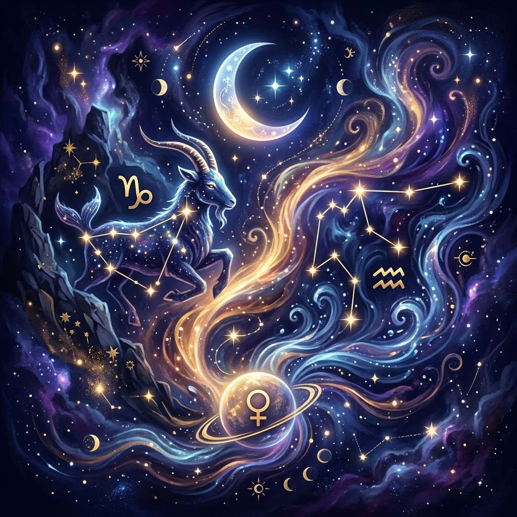 Capricorn and Aquarius venus sign compatibility shown as two glowing zodiac symbols on a violet natal chart wheel