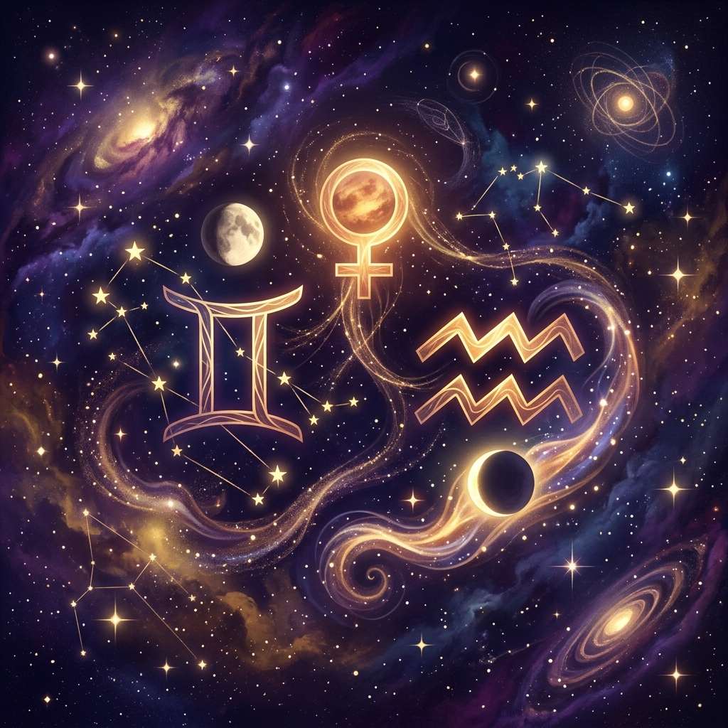 Glowing Gemini and Aquarius glyphs beside the Venus symbol, with a Moon and a dark eclipse in a starry violet sky