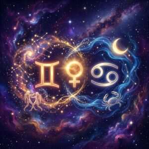 Golden Gemini and Cancer glyphs on either side of the Venus symbol, with twin figures, a crab and a crescent Moon among violet stars