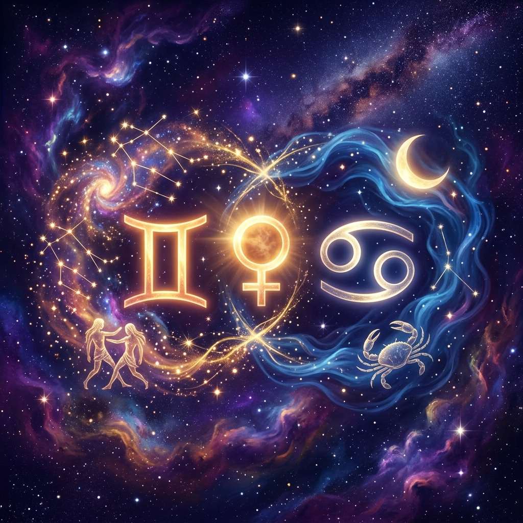 Golden Gemini and Cancer glyphs on either side of the Venus symbol, with twin figures, a crab and a crescent Moon among violet stars