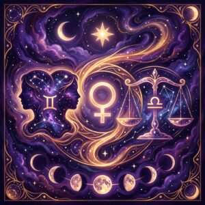 Gemini twins in profile, the Venus symbol and the Libra scales with the Libra glyph, framed by Moon phases on a violet sky