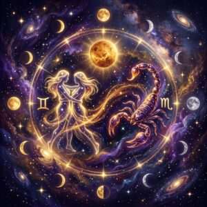 Glowing Gemini twins embracing beside a golden scorpion, with the Gemini and Scorpio glyphs, Venus and a ring of Moon phases