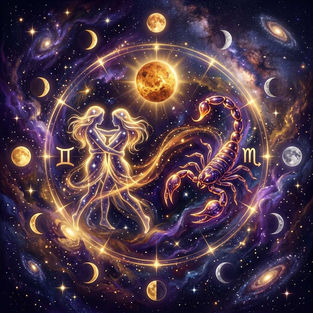 Glowing Gemini twins embracing beside a golden scorpion, with the Gemini and Scorpio glyphs, Venus and a ring of Moon phases