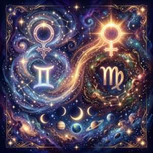 Gemini and Virgo glyphs with two Venus symbols on a starry violet sky, above a row of Moon phases and planets