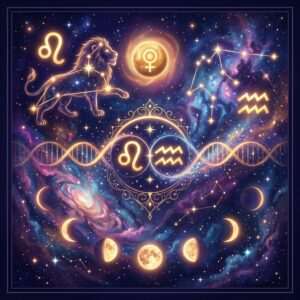 Glowing Leo and Aquarius glyphs side by side in a gold frame, with a star-drawn lion, the Venus symbol and moon phases on a violet nebula