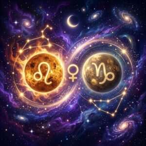 Leo and Capricorn venus sign compatibility shown as two glowing zodiac symbols on a violet natal chart wheel