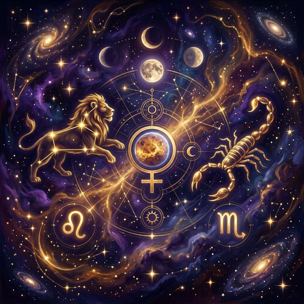 Golden lion and scorpion with the Leo and Scorpio glyphs around a central Venus glyph, under moon phases on a starry violet sky