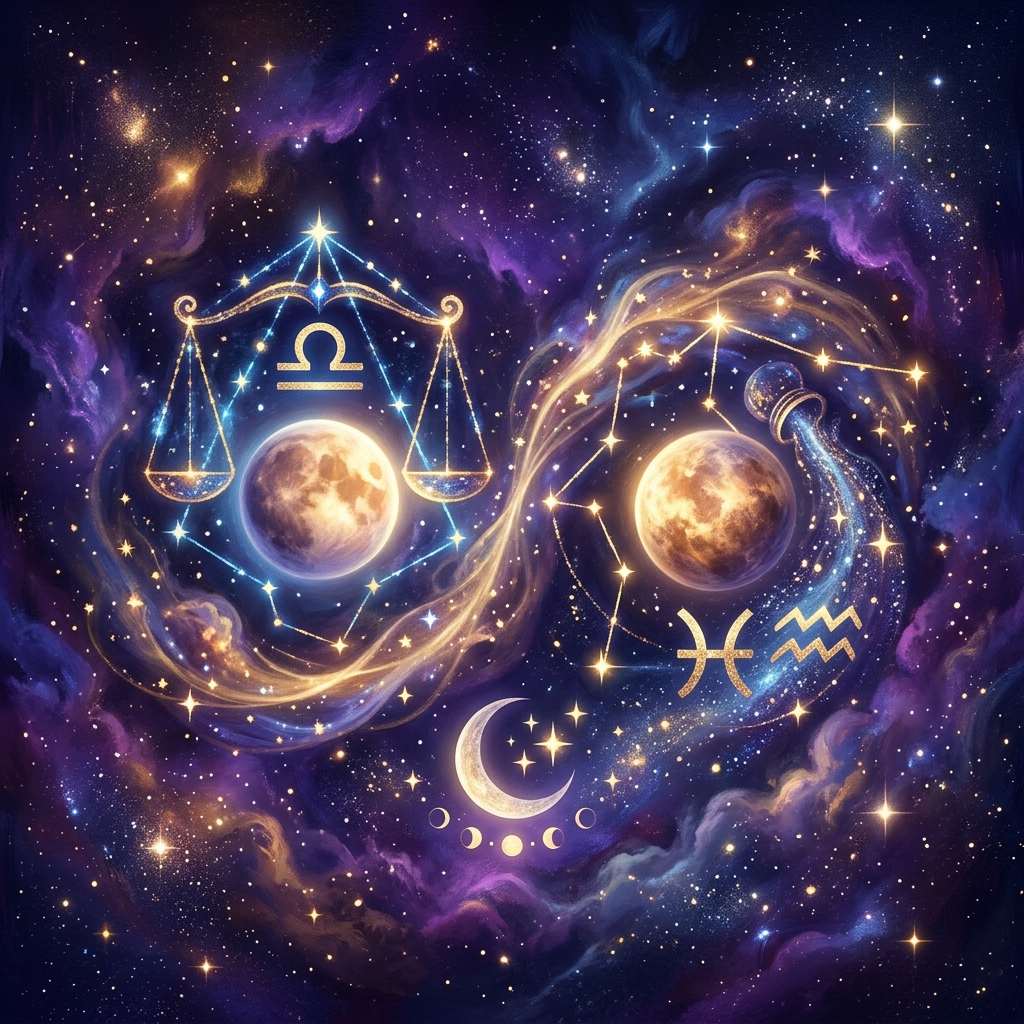 Libra and Aquarius venus sign compatibility shown as two glowing zodiac symbols on a violet natal chart wheel