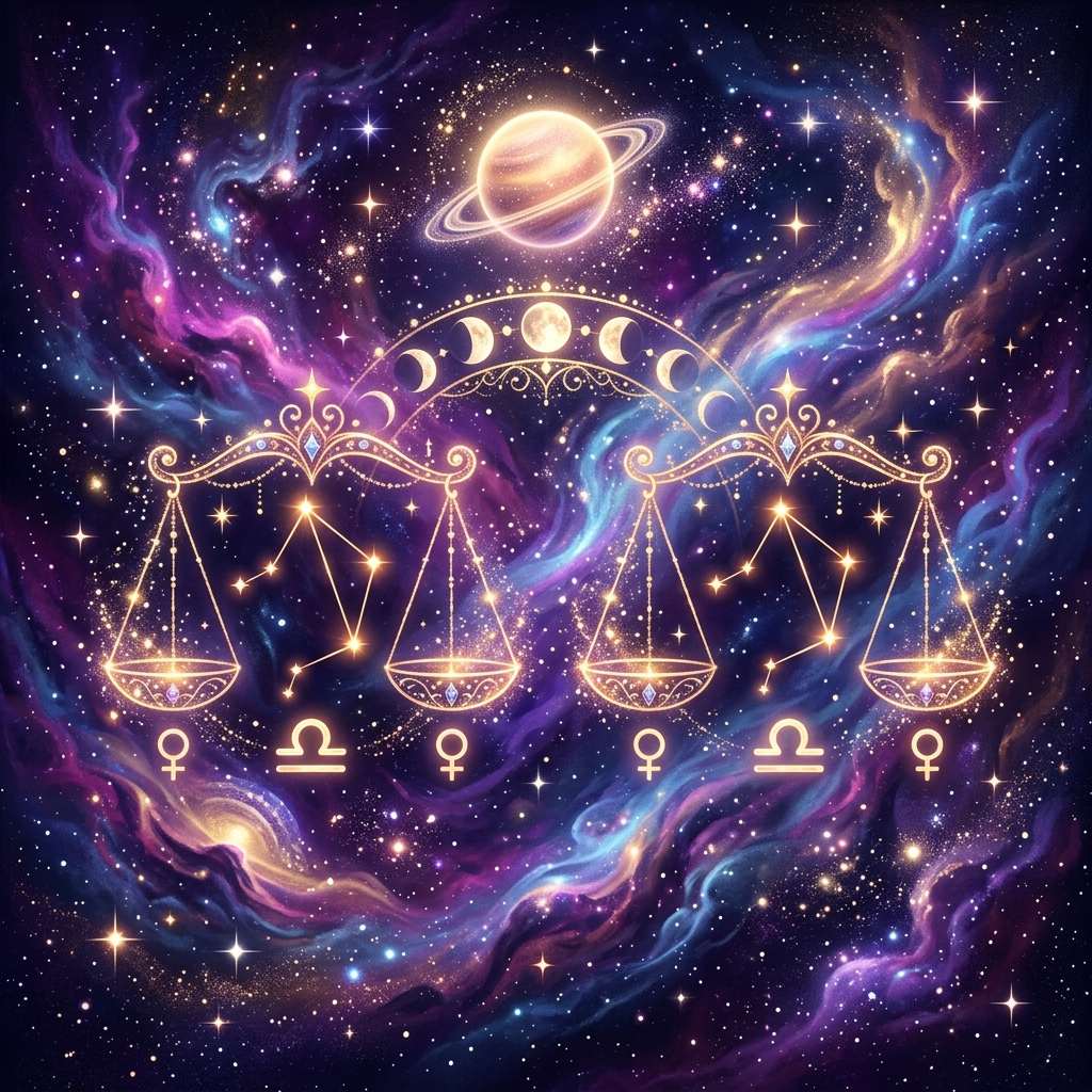 Two golden scales with Libra star patterns above Venus and Libra glyphs, a ringed planet and Moon phases on a violet starfield