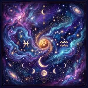 The Pisces and Aquarius glyphs on either side of a golden planet marked with the Venus symbol, with star figures, a crescent moon and moon phases in a violet sky