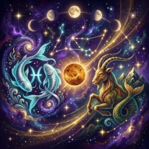 Two turquoise fish around the Pisces glyph facing a golden sea-goat for Capricorn, with a glowing planet between them and moon phases above