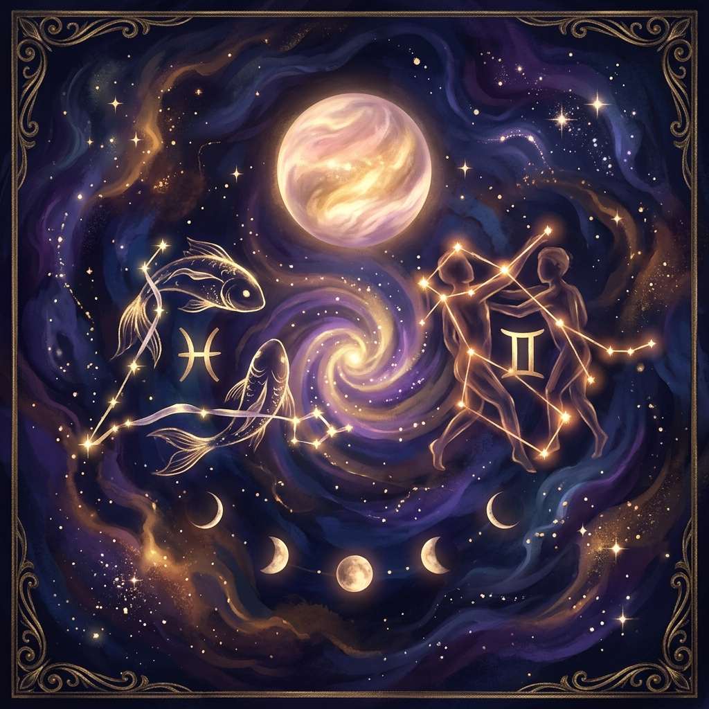 Two golden fish with the Pisces glyph and the dancing Gemini twins drawn as a star figure with the Gemini glyph, under a glowing Venus and a row of moon phases