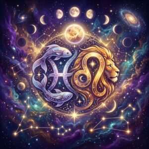 Pisces glyph with two silver fish beside a golden Leo glyph and a lion's head, under a row of moon phases in a starry violet sky