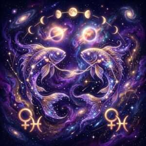 Two glowing fish facing each other with Venus and Pisces glyphs, under two planets and an arc of moon phases in a violet starry sky