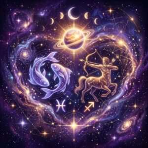 Glowing Pisces fish and Sagittarius centaur archer with their zodiac glyphs, under a ringed planet and moon phases in a violet starry sky