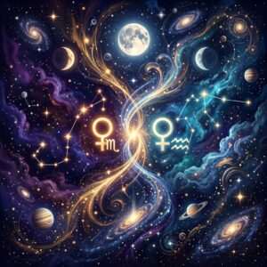 Two Venus symbols, one with a Scorpio glyph and one with an Aquarius glyph, joined by golden light in a starry purple and teal sky