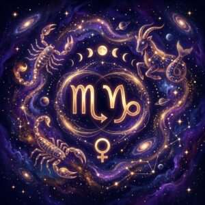 Des glyphes dorés du Scorpion et du Capricorne surmontent un symbole de Vénus, encadrés par un scorpion lumineux, une chèvre de mer et les phases de la lune dans un champ d'étoiles violettes.