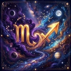 Les glyphes dorés du Scorpion et du Sagittaire côte à côte dans une nébuleuse étoilée violette et bleue, avec des lignes de constellation, des lunes et Jupiter.