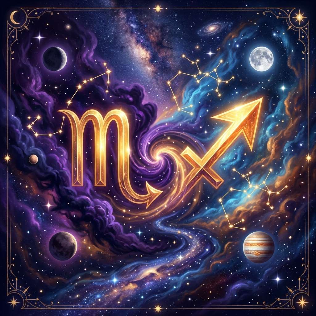 Golden Scorpio and Sagittarius zodiac glyphs side by side in a purple and blue starry nebula, with constellation lines, moons and Jupiter