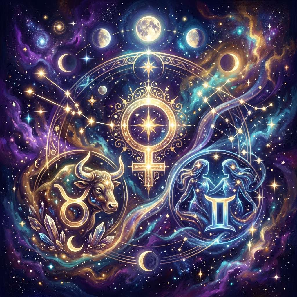 Gold Taurus bull and Taurus glyph facing the Gemini twins and Gemini glyph, with the Venus symbol between them among stars and moon phases