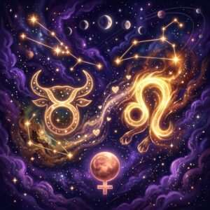 Glowing Taurus glyph with horns and a flaming Leo glyph joined by a stream of stars and small hearts, the Venus symbol below