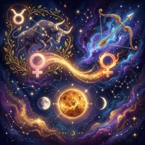 A bull with the Taurus glyph and a golden bow and arrow for Sagittarius, joined by two glowing Venus symbols above the planet Venus and two Moons