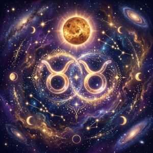 Two golden Taurus glyphs linked in a ring of stars, under a glowing golden planet and crescent moons in a violet starry sky