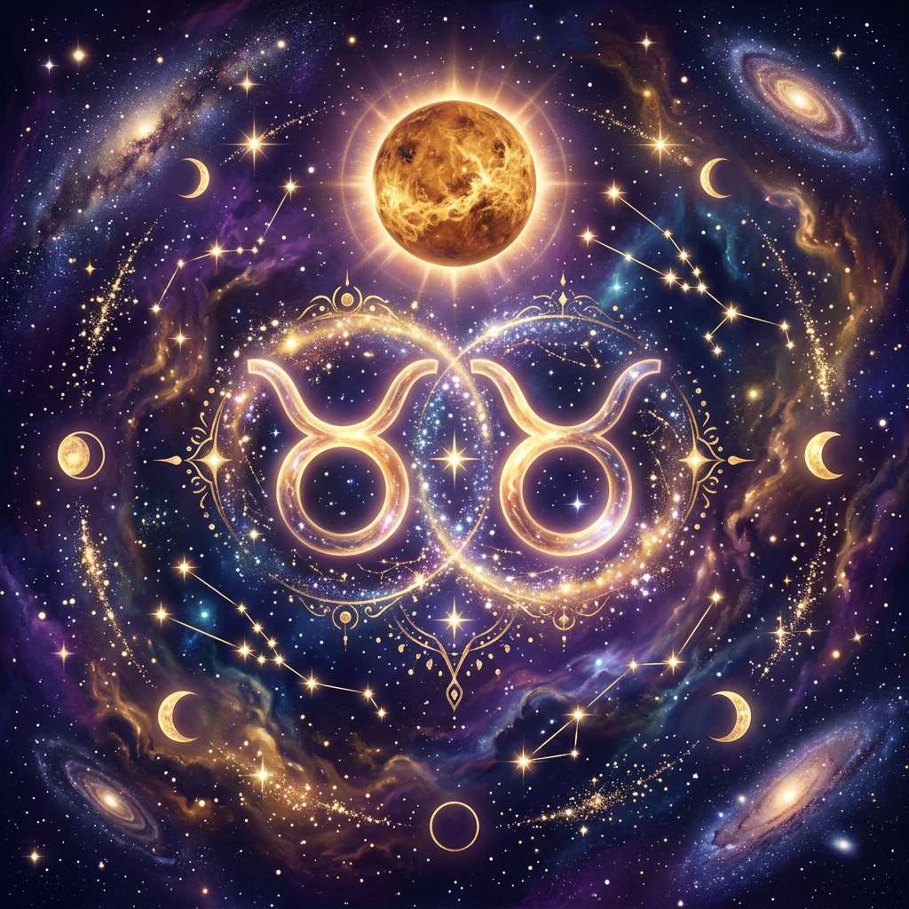 Two golden Taurus glyphs linked in a ring of stars, under a glowing golden planet and crescent moons in a violet starry sky