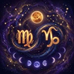 Golden Virgo and Capricorn glyphs under a glowing orange Venus, with star patterns above and a row of Moon phases below on a purple sky