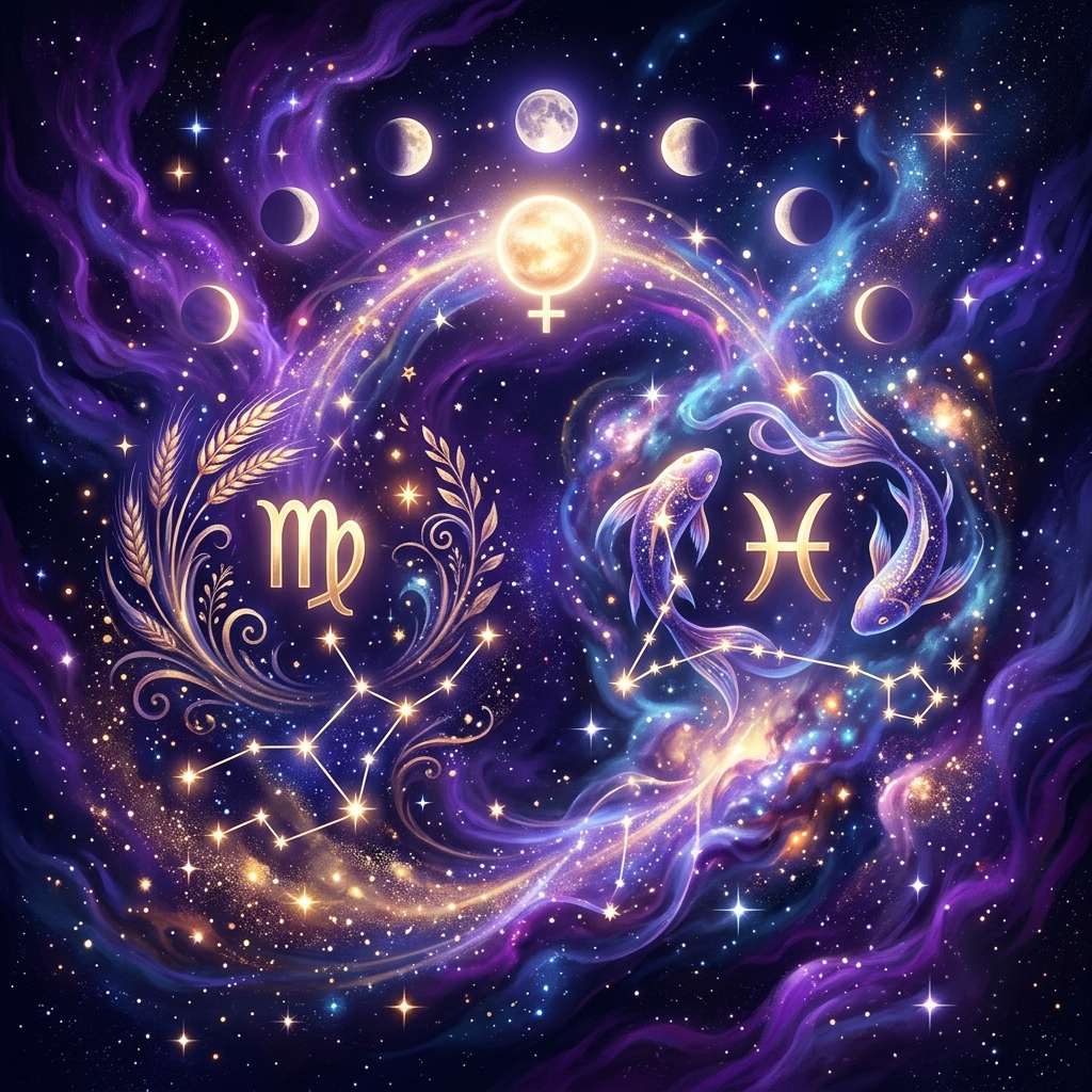 Golden Virgo and Pisces glyphs with a wheat wreath and two fish, the Venus symbol and moon phases above, on a purple starry sky