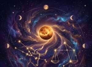 Glowing planet Venus above a bull constellation and the scales of Libra, framed by moon phases on a violet starry sky
