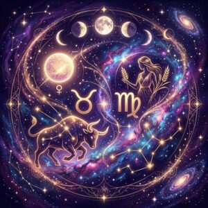 Golden Taurus and Virgo glyphs beside the Venus symbol, with a bull, a maiden holding wheat and moon phases on a violet starry sky