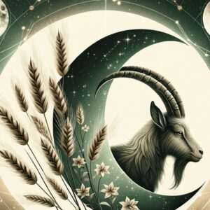 A goat's head inside a large crescent moon beside stalks of wheat and small flowers, for Virgo Moon and Capricorn Moon compatibility.