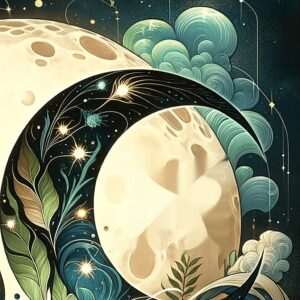 A crescent moon framing a pale full moon, with leafy branches, stars and teal clouds in a night sky, for Virgo Moon and Pisces Moon compatibility.