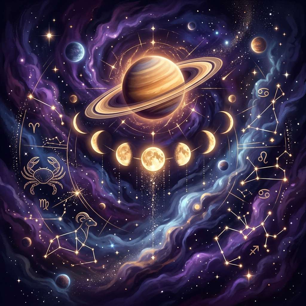 Saturn returning to its natal position, with its rings and glyph on a starry indigo sky