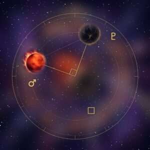 Mars square Pluto: the red planet and distant Pluto set at a right angle in a starry sky