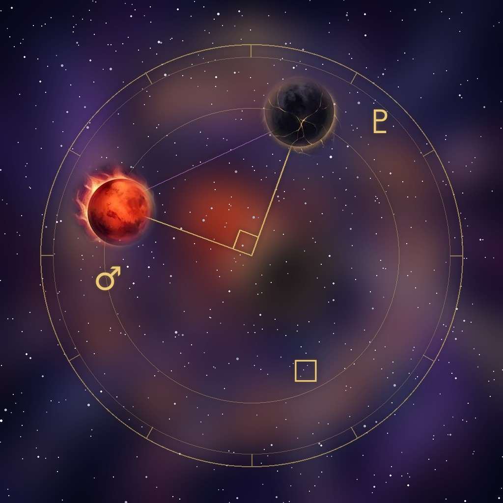 Mars square Pluto: the red planet and distant Pluto set at a right angle in a starry sky